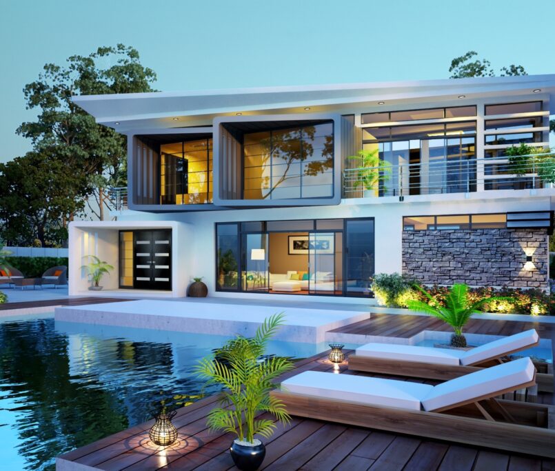 modern-villa-exterior-with-pool-night-scene-3d-rendering_no_logo